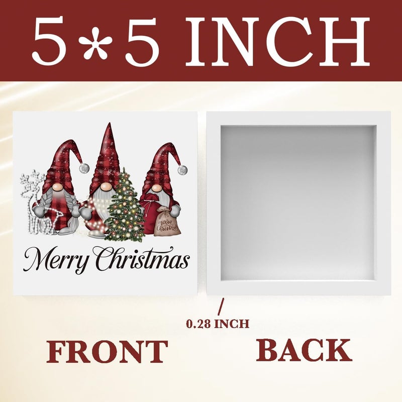FXEFXE Christmas Decorations, Christmas Gnomes Decorations Indoor, Red Glitter Xmas Tree Sign Gift for Women Friends, Rustic Wooden Box Sign for Home Shelf Office Bedroom Desk Decor 5x5 Inches - Image 2